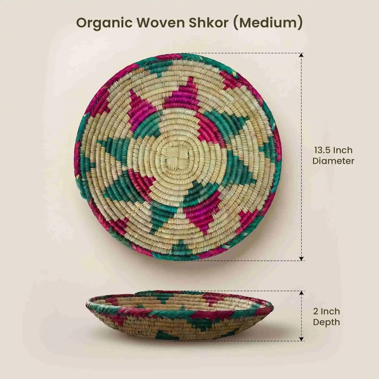 Medium Handwoven Organic Bread and Roti Basket (Chhaaba) dimensions: 13.5" diameter and 2" depth. A chemical-free and synthetic-free traditional server for hot rotis.