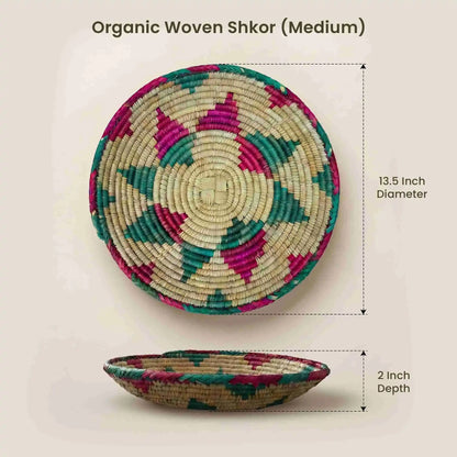 Medium Handwoven Organic Bread and Roti Basket (Chhaaba) dimensions: 13.5" diameter and 2" depth. A chemical-free and synthetic-free traditional server for hot rotis.