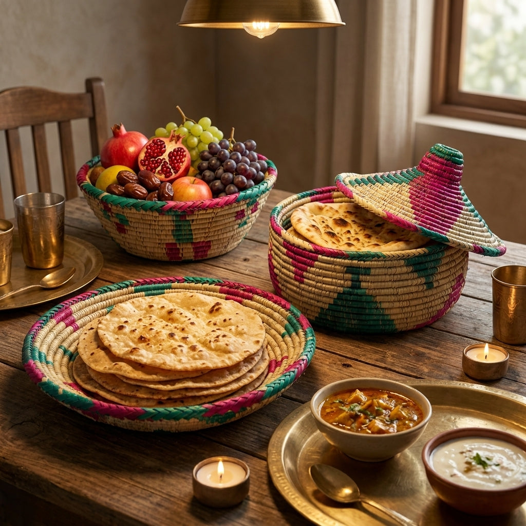 Wooden table with handwoven baskets containing flatbreads (chhaaba), fruit, and bowls of food