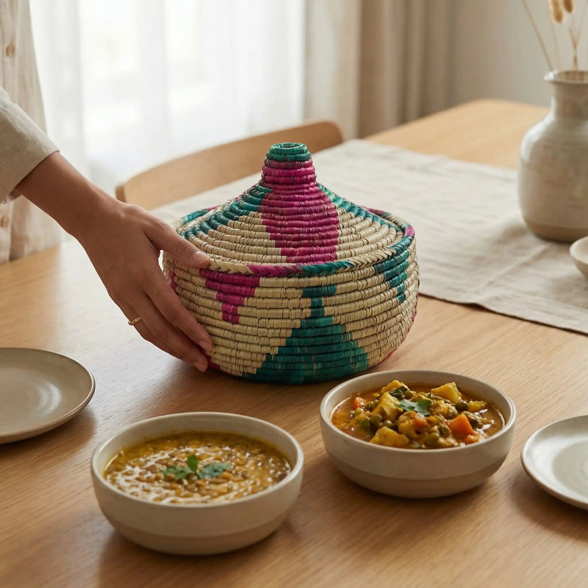A person’s hand resting on a vibrant hand-woven Harvest Patari basket on a wooden dining table next to bowls of traditional curry.