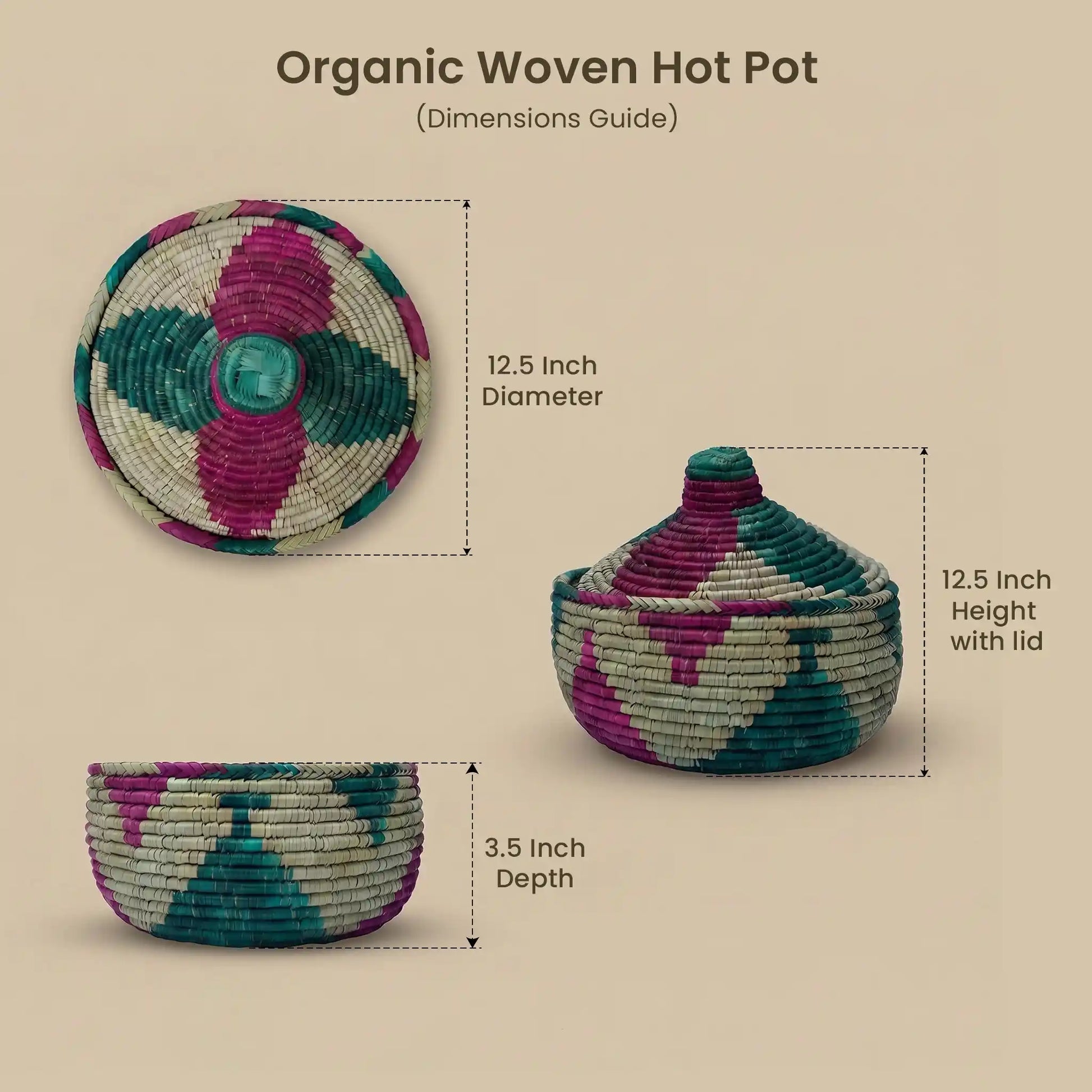Dimensions guide for the Handwoven Organic Lidded Food Basket, also known as Patari, featuring a 12.5-inch diameter, 12.5-inch height with lid, and 3.5-inch depth. This organic Mazari palm basket serves as a microplastic-free and chemical-free alternative to synthetic food storage.