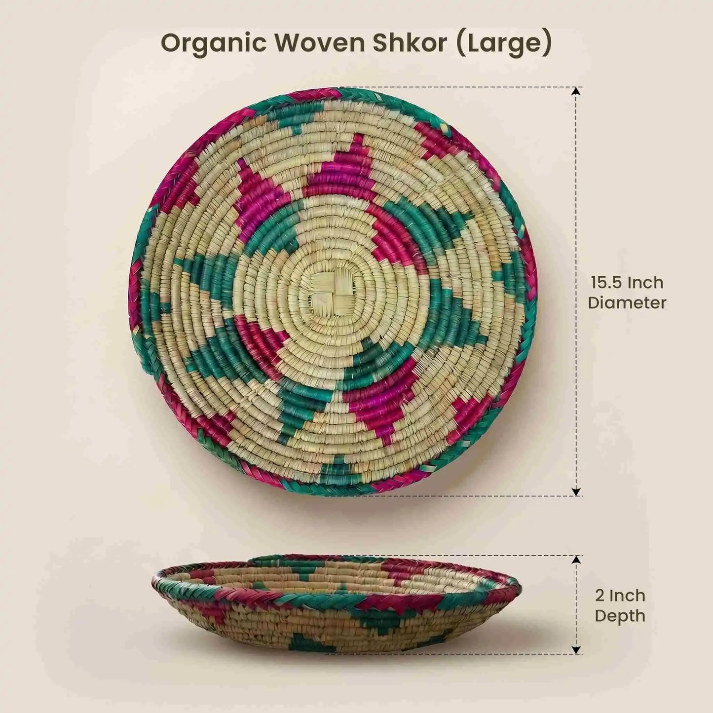 Large Handwoven Organic Bread and Roti Basket (Chhaaba) size guide showing 15.5" diameter and 2" depth. Traditional microplastic-free roti server made from organic fibers.