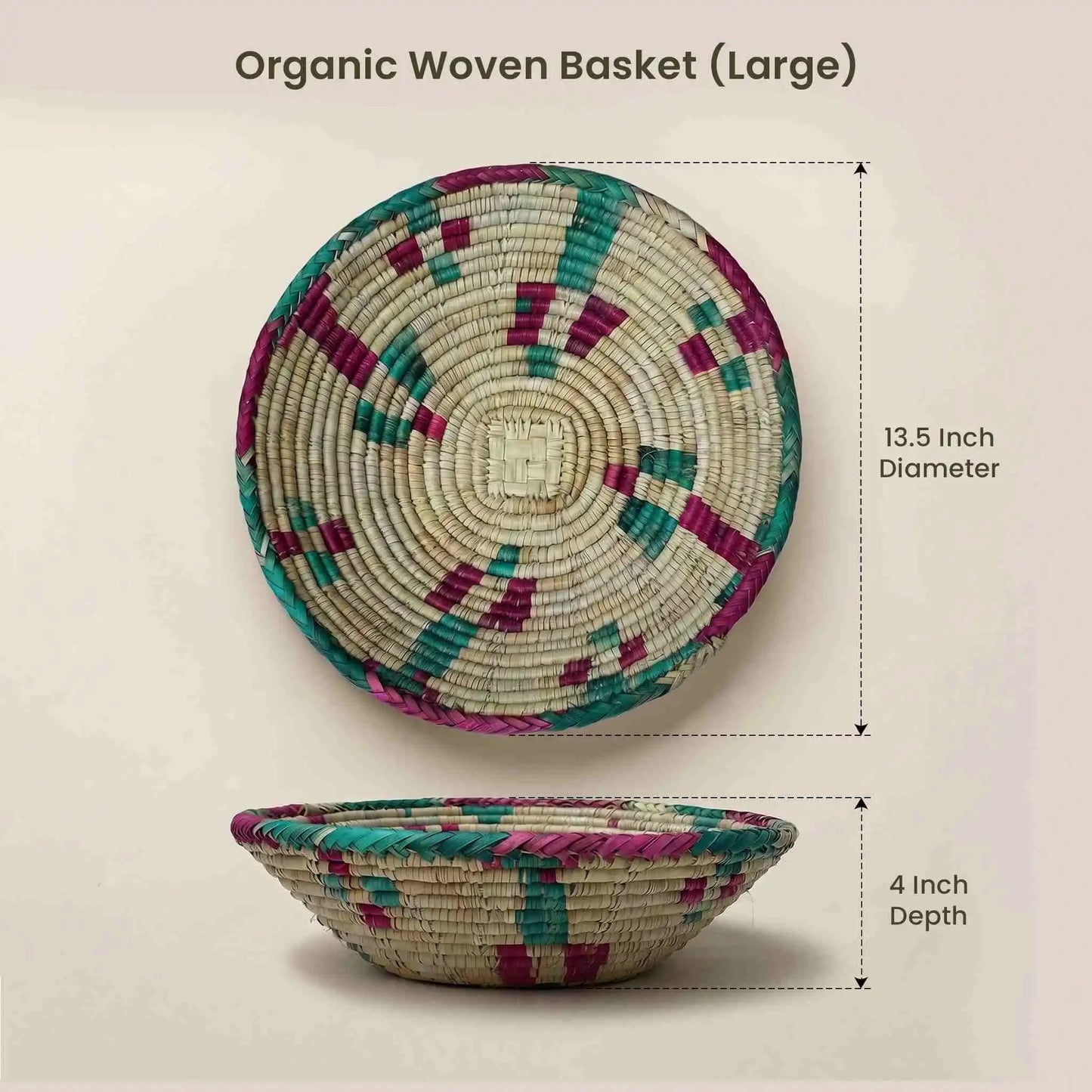 Size guide for Large Deep Handwoven Organic Storage Basket showing 13.5" diameter and 4" depth. A microplastic-free storage solution made from organic Mazari palm.