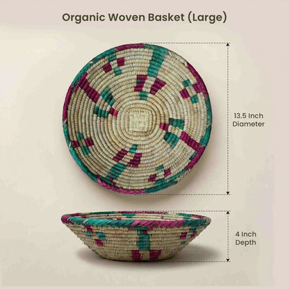 Size guide for Large Deep Handwoven Organic Storage Basket showing 13.5" diameter and 4" depth. A microplastic-free storage solution made from organic Mazari palm.