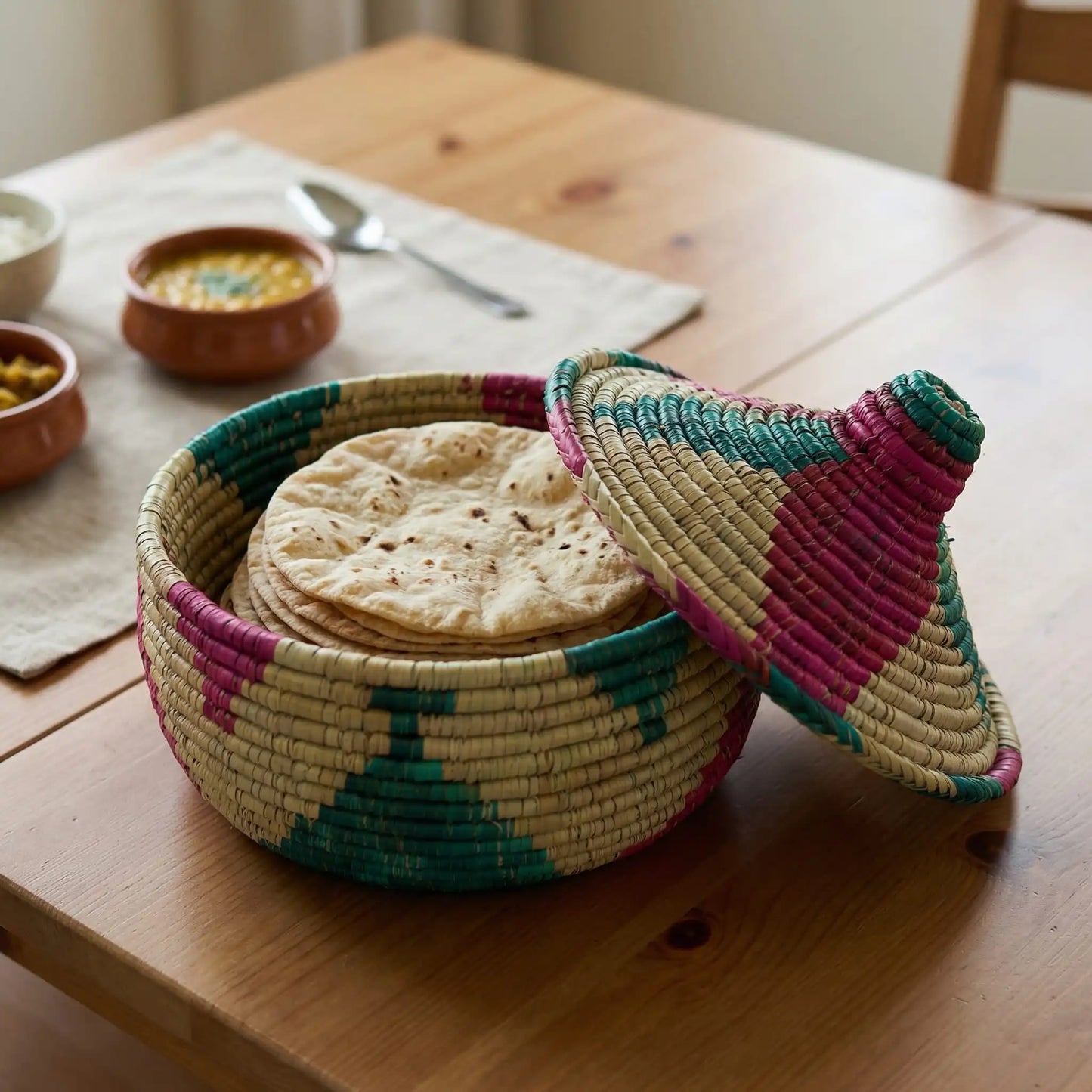 An open Harvest Patari basket showing a stack of warm rotis inside, highlighting the natural texture and artisanal weave.