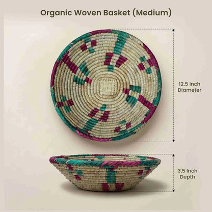 Dimensions for Medium Deep Handwoven Organic Storage Basket: 12.5" diameter and 3.5" depth. Sustainable, chemical-free handwoven basket for home organization.