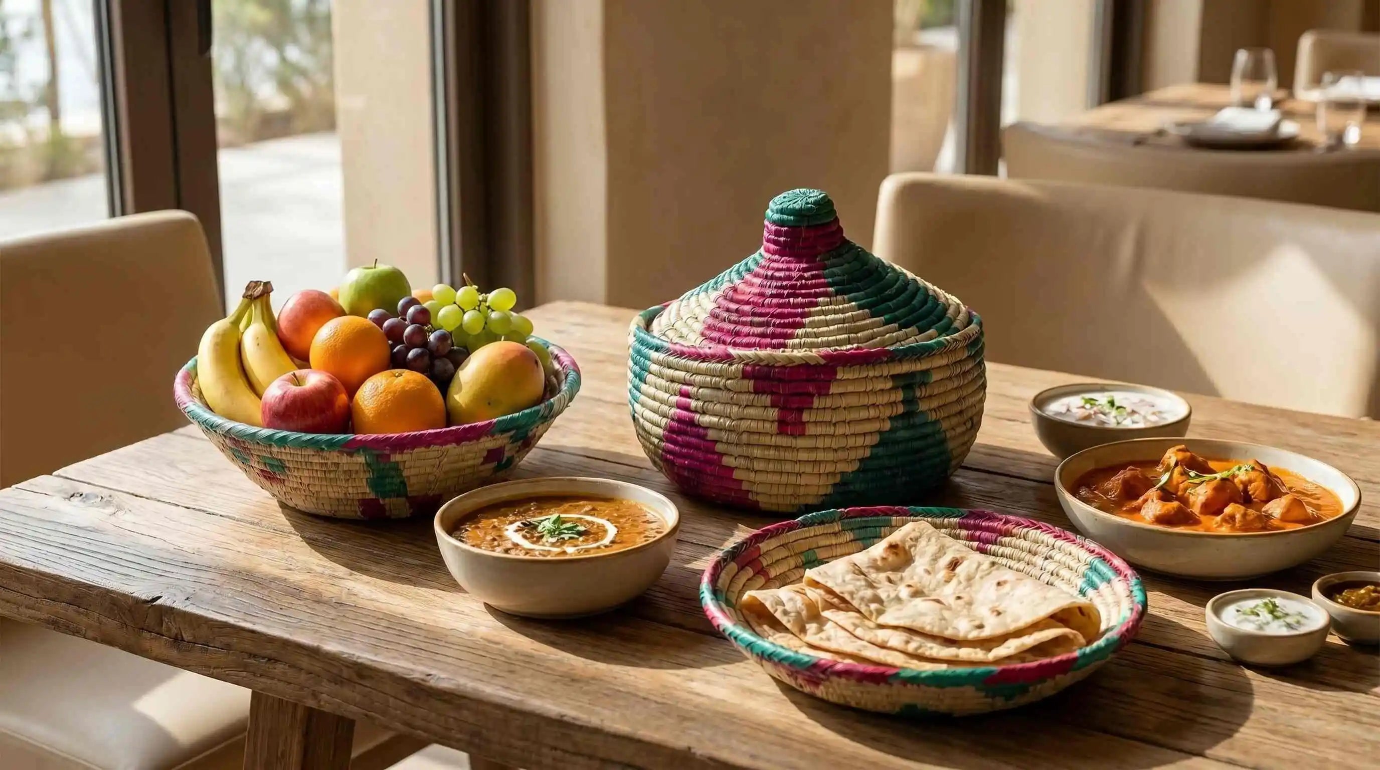 Handcrafted Mazari palm woven hot pot and fruit basket on a dining table with traditional Pakistani food, highlighting organic, chemical-free, and synthetic-free materials.