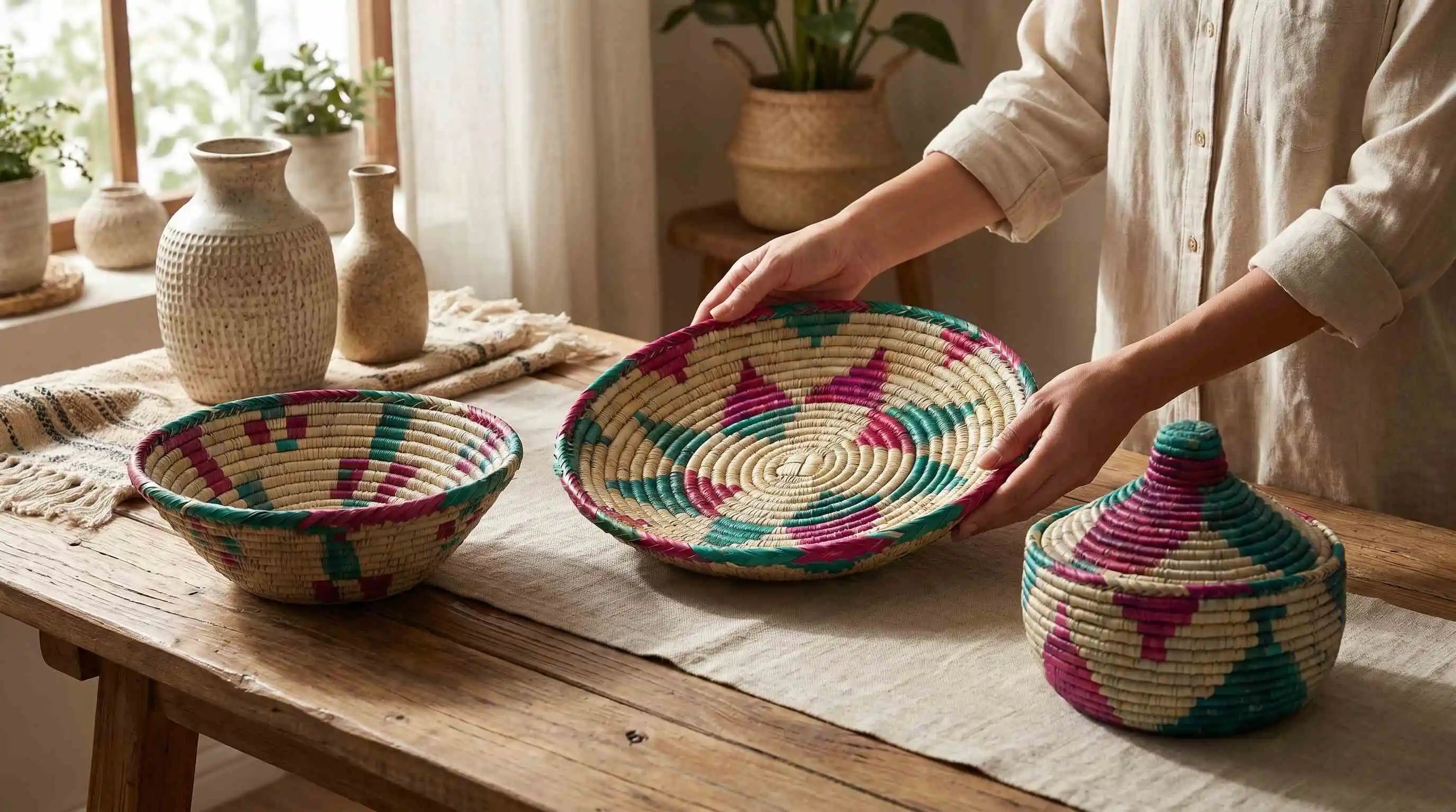A close-up of an artisan's hands presenting a hand-woven organic Mazari palm Shkor basket, flanked by a matching Organic Woven Hot pot and Basket, showcasing traditional Pakistani heritage.