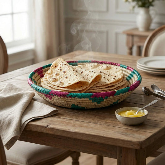 A hand-woven SHKOR Mazari plate used as a traditional roti server with steaming flatbread on a wooden table.