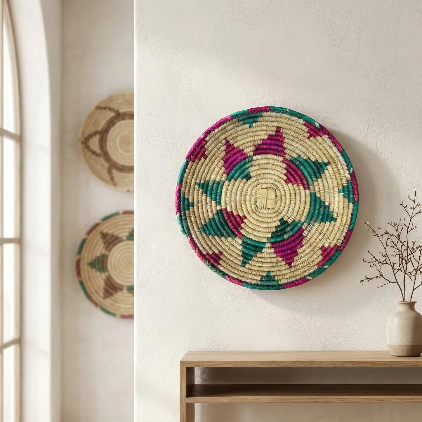SHKOR signature woven wall art displayed as architectural decor on a minimalist white wall.