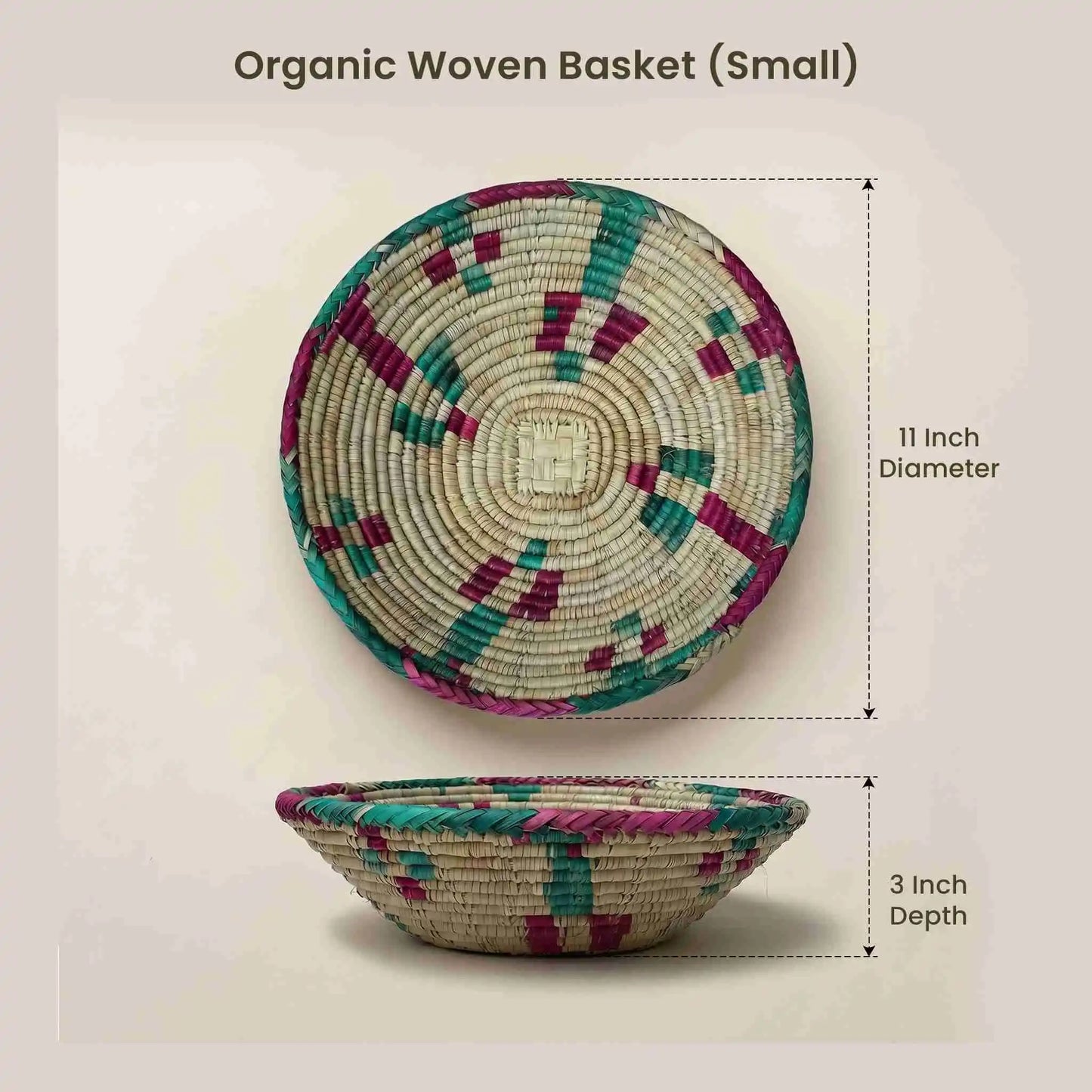 Small Deep Handwoven Organic Storage Basket size guide with 11" diameter and 3" depth. Organic, synthetic-free basket for eco-friendly countertop storage.